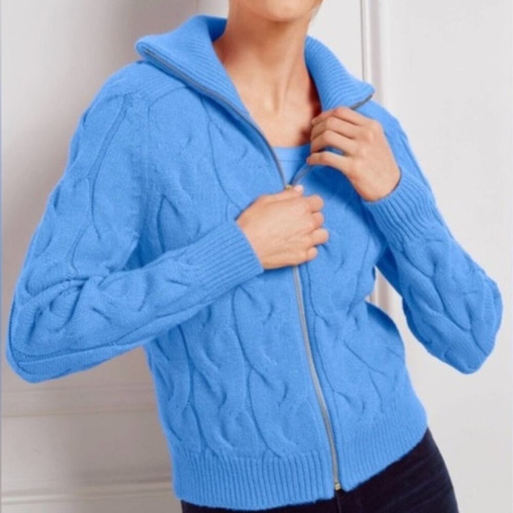 Talbots Thick Chunky Cable knit collared fullzip sweater powder blue old money